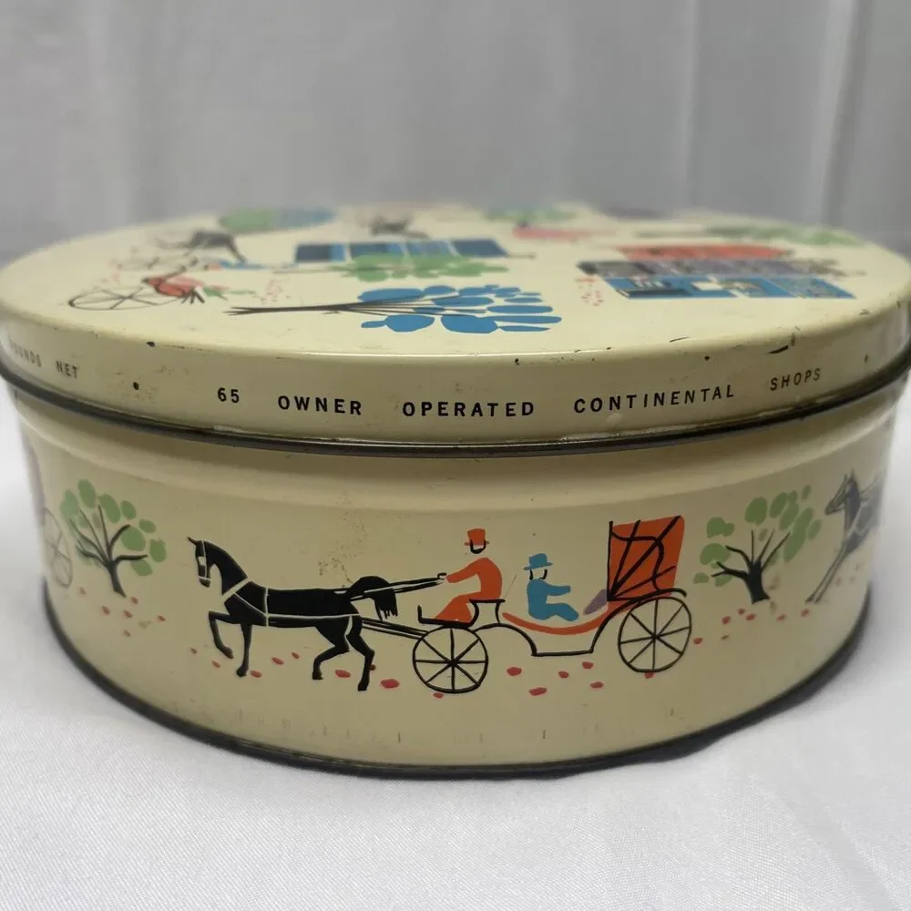 Vintage 1959 BARTON’S Bonbonniere Mid Century Modern Round Candy Tin Colorful EC